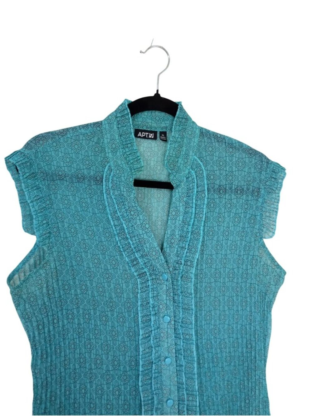 APT. 9 Womens XL Sleeveless Floral Ruffle Button-Down Blouse Sheer Teal Blue - Picture 3 of 8